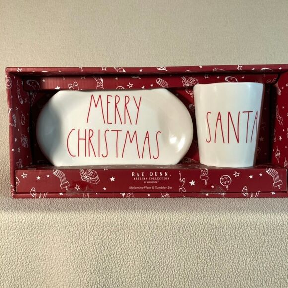Rae Dunn Other - Rae Dunn Set Merry Christmas Santa‎ Plate & Tumbler Milk & Cookies Melamine NIB
